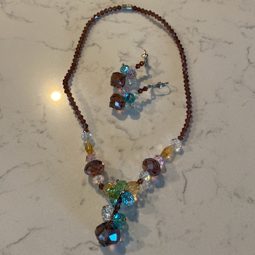 Beautiful Crystal Bead Necklace & Earrings Purple, White, Yellow and Green Tones